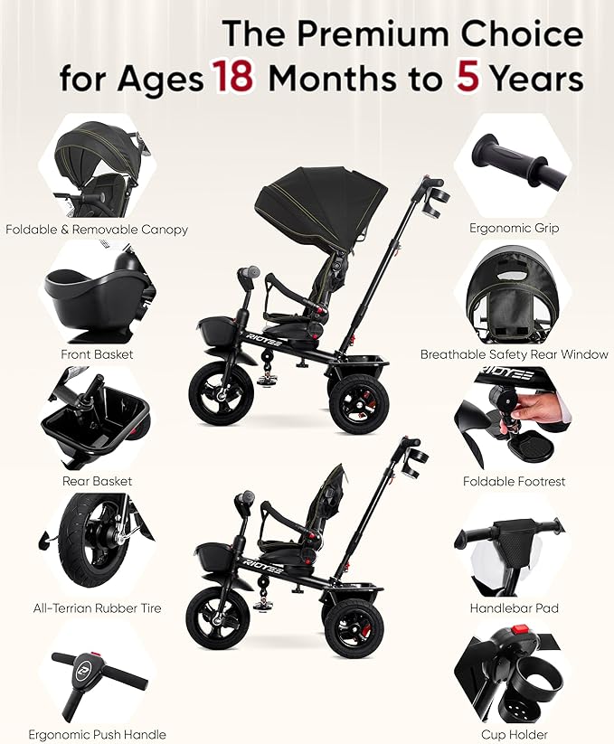 7-in-1 Tricycle for 18 Months to 5 Years, All-Terrain Rubber Tires, Dual Wheel Brakes, Rotatable Seat for Toddlers 1.5-3, Tricycle for 3-5 Years with DIY Stickers, Black