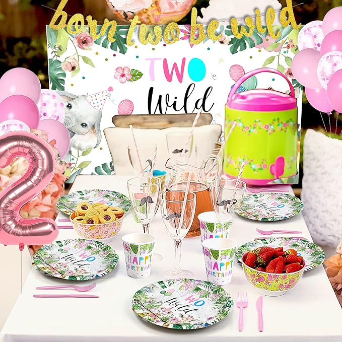 Two Wild Birthday Decorations Dinnerware For Girl, Jungle Safari Theme 2nd Birthday Party Supplies Include Plate, Cup, Napkin, Backdrop, Banner, Tablecloth, Balloon, Cutlery, Topper | Serve 24