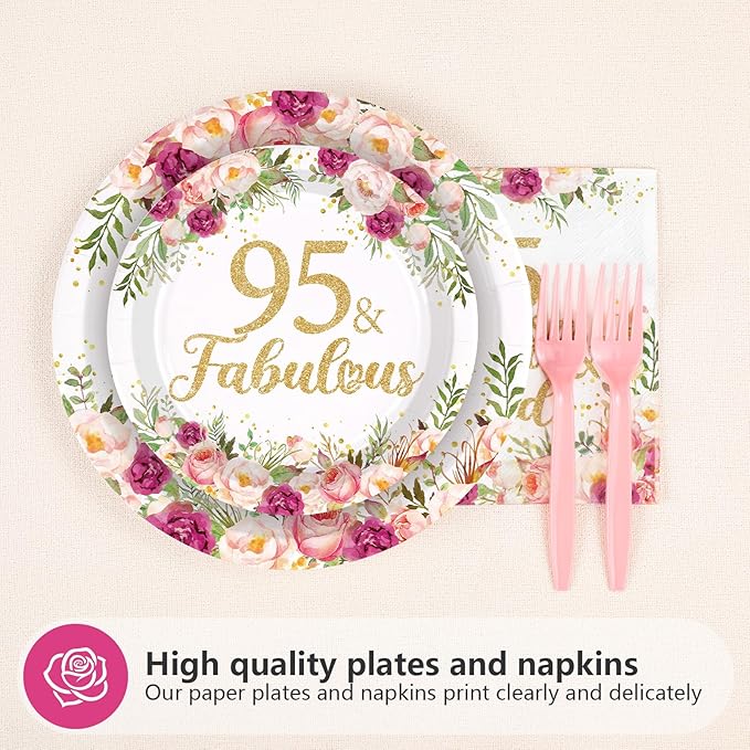 96Pcs 95th Birthday Decorations for Women Rose Gold Floral Party Plates and Napkins Disposable 95th Birthday Gifts Tableware Set for Women Fabulous Party Decorations Serves 24