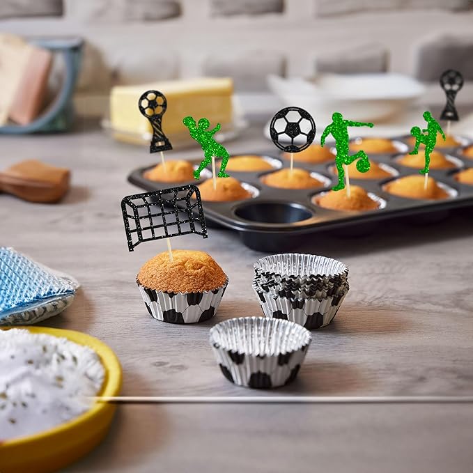 24Pcs Soccer Cupcake Toppers Glitter Soccer Ball Cupcake Picks Sport Cake Decorations Football Theme Birthday Party Baby Shower Kids Boys Men Birthday Party Favors Supplies Green