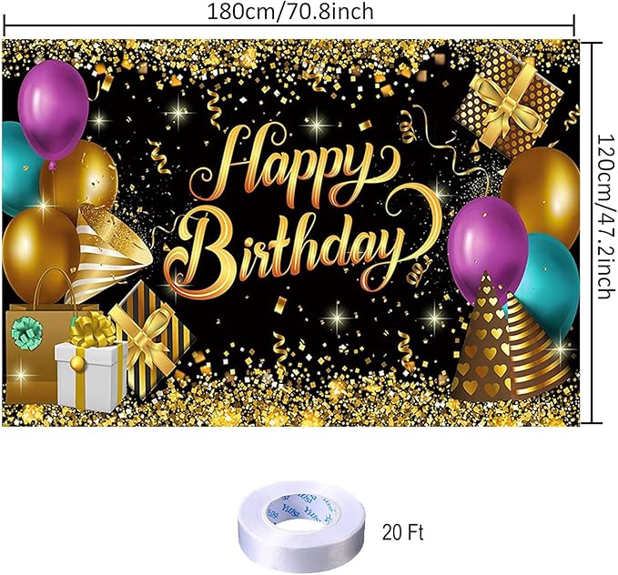 Black and Gold Birthday Party Backdrop Glitter Black Gold Balloon Happy Birthday Banner Luxurious Photography Background for Home Decorations Party Supplies 70.8 x 47.2 Inch