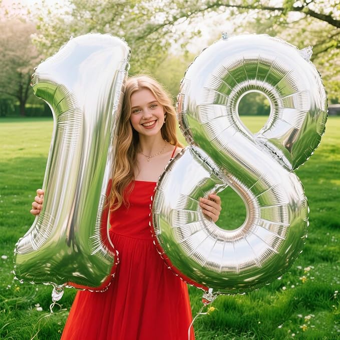 40 Inch Silver Number 18 Digital Balloon,Jumbo Mylar Foil Helium Balloon for 18 Balloons for Birthday Party,Wedding Anniversary Party Decorations