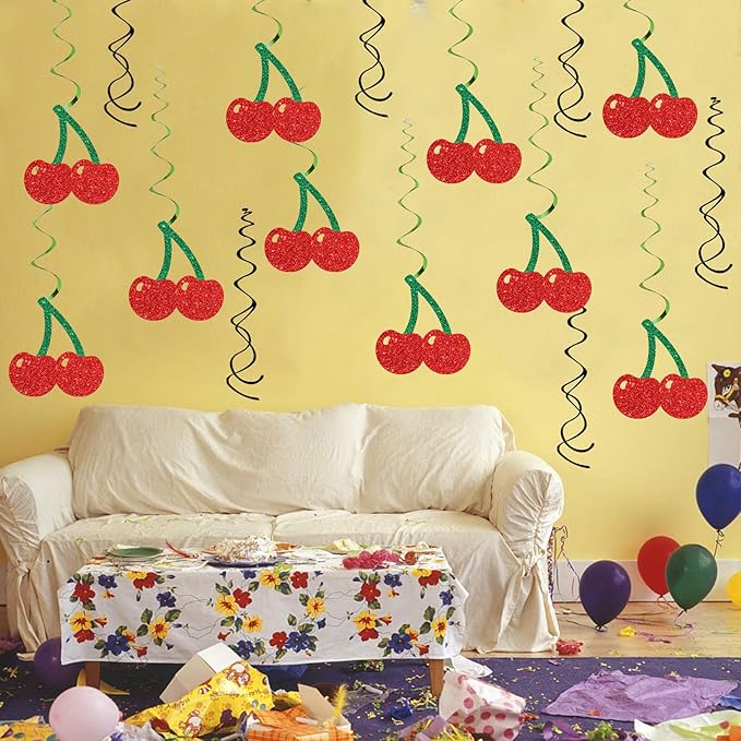 Fruit Cherry Hanging Swirl Decorations - Glitter 16 Pcs Baby Shower Party Supplies - Girl Cherry Birthday Party - Engagement - Wedding Streamers - Sweet Cherry Party Foil Swirls Ceiling Decorations