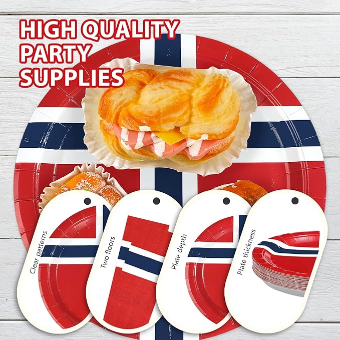96 Pcs Norway Flag Themed Party Decorations Disposable Norwegian Flag Paper Plates and Napkins Norway National Tableware Set for Country Decoration Patriotic Festival Party Supplies, Serves 24