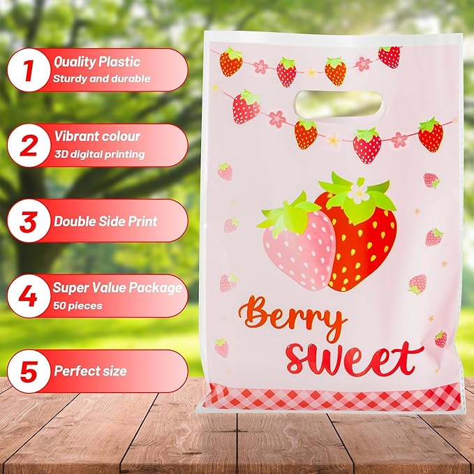 Strawberry Party Favors Bags - 50Pcs Red Pink Strawberry Goody Candy Treat Bags, Summer Berry Theme Party Favor Supplies Decorations for Kids Birthday Baby Shower Wedding