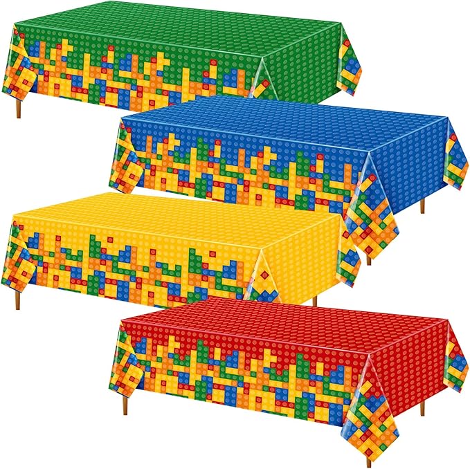 Oudain 4 Pcs Building Block Tablecloths - Colorful Birthday Party Decorations 54 x 108 Inch Disposable Plastic Brick Table Cover - Waterproof Themed Party Supplies (Multicolor)