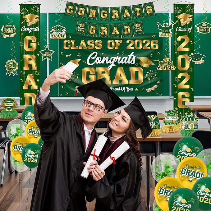 Graduation Decorations Class of 2026 Green and Gold Graduation Party Decor Set include Congrats Grad Banner Backdrop Class of 2026 Balloons Party Supplies