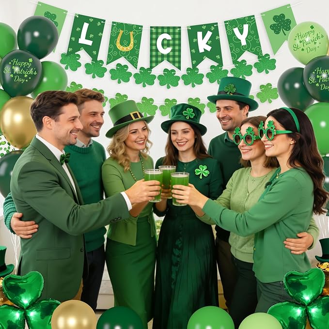 Green Party Decorations, Green Gold Printed Confetti Heart Balloons St Patricks Day Glitter Shamrock Garland Lucky Banners Foil Curtain Paper Fan Pompoms for Home Party Saint Patricks Party Supplies