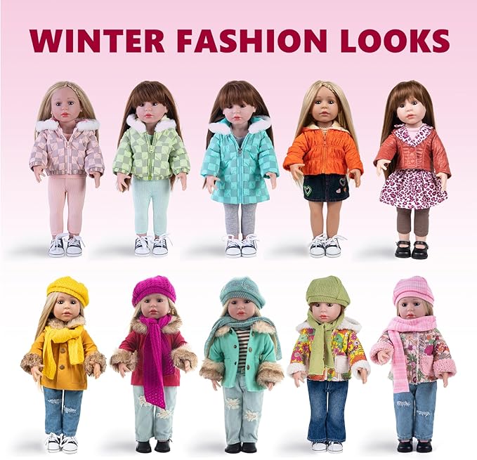 American 18 Inch Doll Clothes Set, 5-PC Fashion Red Winter Coat Set Includes Warm Coat, Shirt, Jeans, Pink Knit Hat & Knit Scarf, Outfits Casual Wear(Doll NOT Included)