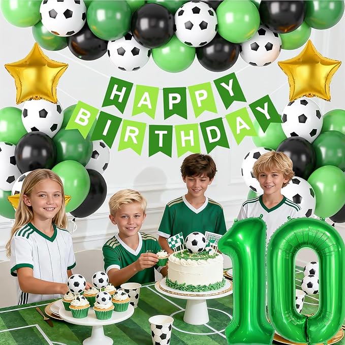 Soccer Birthday Party Decorations for Boys, 10th Soccer Birthday Decoration with Green Black White Balloons 'HAPPY BIRTHDAY' Banner Cake Toppers 32in Foil 10 Balloon for Boys Sports Party Decor