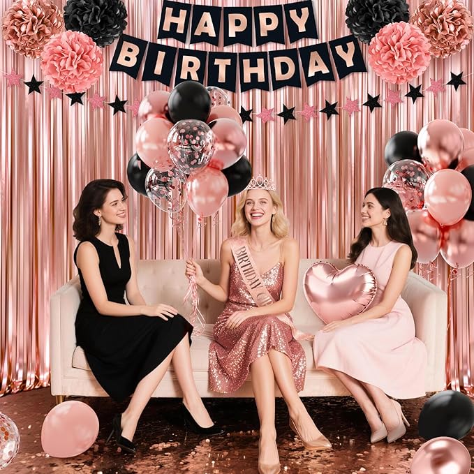 Rose Gold Birthday Decorations, 44Pcs Black & Rose Gold Birthdays Decorations for Women Include Birthday Girl Sash Crown Fringe Curtain & Foil Balloons for Women Girls Party Supplies
