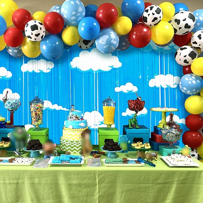 Cartoon Toy Inspired Story Birthday Party Decoration, Including 2Pack Blue Sky White Cloud Streamers, 27pcs Toy Themed Balloons & 1pcs Toy Birthday Banner for Cartoon Toy Party Photo Backdrop Supplies