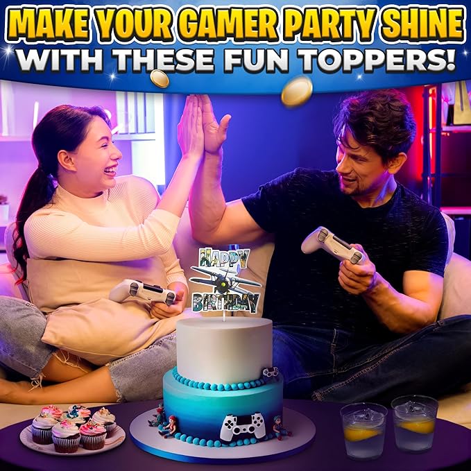 Video Game Cake Topper with 7 Action Figures & Large Logo - Sturdy Cardboard Cake Decorations, Easy Adjustment & Firm Installation - Creative Happy Birthday Cupcake Toppers for Boys & Girls