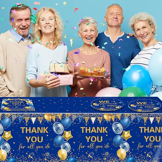 41Pcs Blue Gold Thank You Decorations Thank You for All You Do Tableware Disposable Paper Plates Napkins Tablecloth丨Teacher Employee Staff Doctors Nurse Pastor Appreciation Week Party Decor,Serve 20