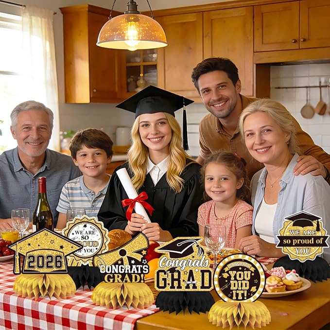 10 PCS Graduation Party Decorations Class of 2026,Gold and Black Congrats Grad Honeycomb Centerpiece for Table Congratulate Graduation Table Toppers for Graduation Party Favor Supplies