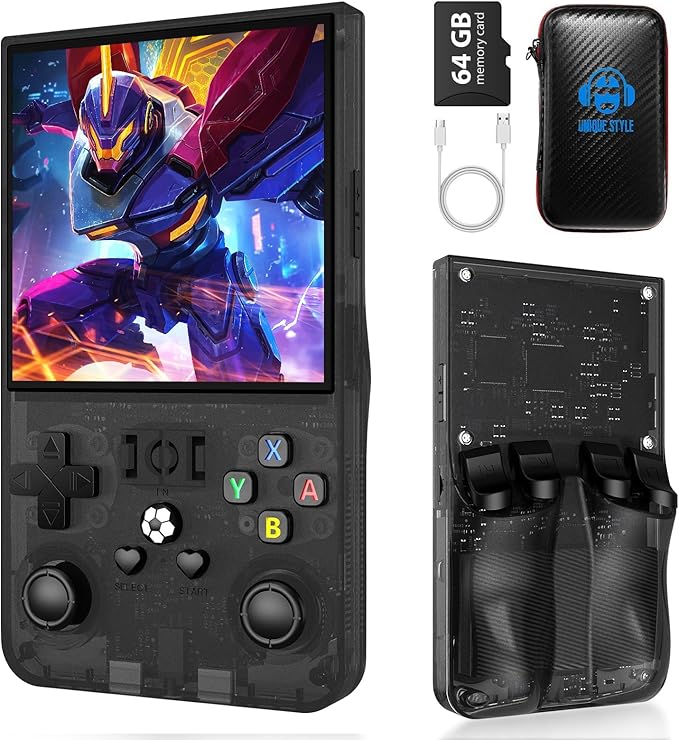 R36MAX Retro Handheld Game Console, 4.0 inch Retro Gaming Console with 64GB Memory, Portable Retro Video Games Console, 4000mAh Battery, Support 30+ Emulators, Transparent Black