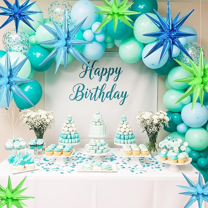 TONIFUL 8 Pcs Blue Green Foil Balloons Large Star Balloons Explosion Star Mylar Balloons for Party Backdrop Christmas New Year Birthday Wedding Baby Shower Anniversary Photo Booth Supplies