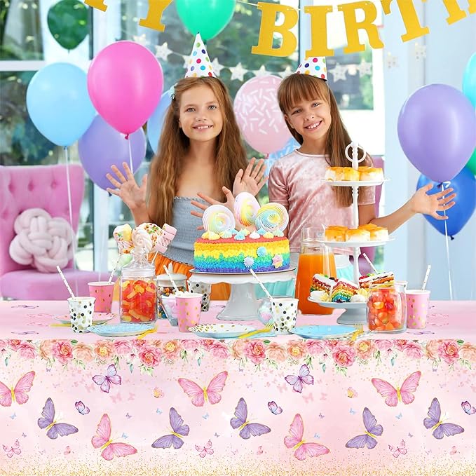 Staraise 3PCS Butterfly Tablecloth,Butterfly Disposable Plastic Table Covers,Watercolor Spring Themed Butterflies Birthday Decorations for Girls Kids Birthday Party,51.2X 86.6inch