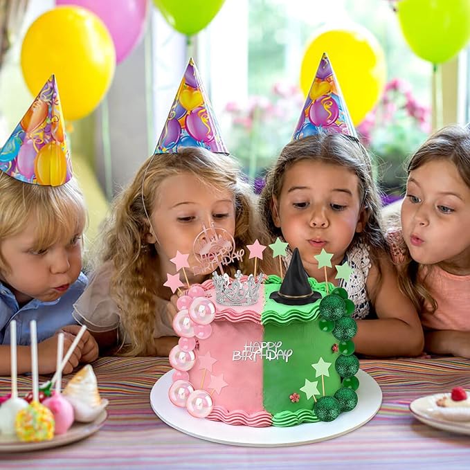 33 Pieces Pink and Green Cake Decorations with Mini Black Witch Hat, Silver Crown, Balloons, Happy Birthday Cake Topper for Girls Women Princess Witch Birthday Party Decorations Supplies