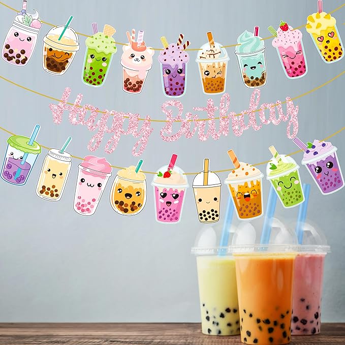 Bubble Tea Birthday Party Banners 3Pcs Boba Tea Birthday Party Decorations Pink Happy Birthday Banners Pearl Milk Tea Themed Banner Decorations for Bubble Tea Party Baby Shower Supplies
