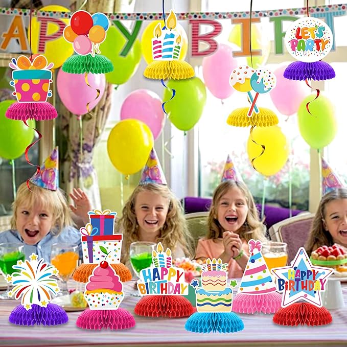 12 Pcs Happy Birthday Party Decorations, Colorful Happy Birthday Decorations, Table Honeycomb Centerpieces Decor Table for Party Supplies for Women Men The Kids' Boys Girls