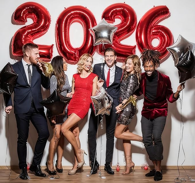 KALOR 42 Inch 2026 Red Foil Mylar Number Balloons, 2026 New Years Decorations for 2026 Happy New Year Eve and Graduations Party Supplies