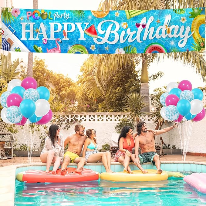 Pool Party Banner Decorations Colorful Happy Birthday Pool Banner Background Summer Themed Hawaiian Outdoor Party Decor with 30 Balloons Birthday Yard Decor Baby Shower Supplies - 9.8×1.9ft