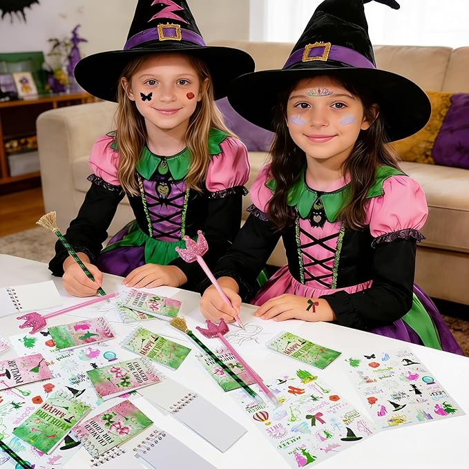 48Pcs Pink and Green Witch Party Favors, Witch Birthday Decorations, Ballpoint Pens, Notebooks, Temporary Tattoo Stickers, Classroom Rewards Student Birthday Gifts Party Supplies