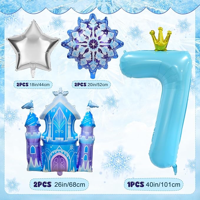 7Pcs 7th Birthday Party Decorations Balloons,Winter Snowflake Balloons Large Blue 40 Inch Number 7 Balloon Foil Star Castle Ballon for Birthday Party Favor Decor Supplies Winter Wonderland Decoration