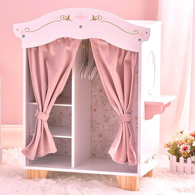 ROBUD Wooden Play Armoire Closet for Dolls, Doll Closet Furniture Wardrobe with 5 Hangers, Mirror, Velvet Curtains, Fits 16–20 Inch Dolls & Doll Clothes, Gift for Boys & Girls Ages 3+