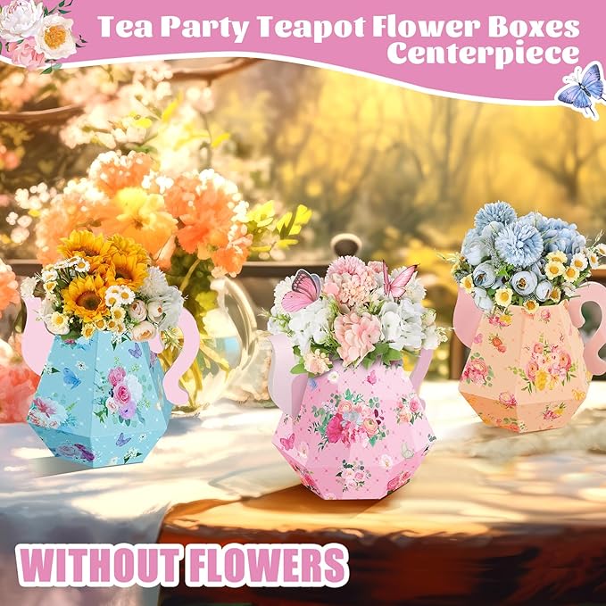 Fulmoon 9 Pcs Tea Party Decorations 6.7'' Flower Box Table Paper Teapot Princess Centerpiece Vase Table Decor Wonderland Fancy Party Decor for Floral Tea Birthday Baby Shower Wedding (Cute)