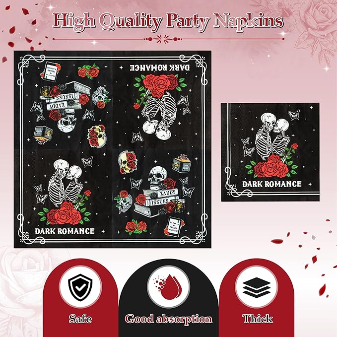 96Pcs Dark Romance Book Lover Skull Rose Black Gothic Party Plates Supplies Tableware Decorations Disposable Paper Plates Napkins Forks for Birthday, Serves 24