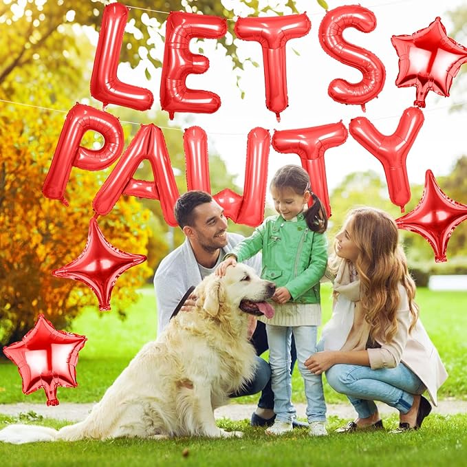 Lets Pawty Balloons Banner 16 Inch,Red Dog Birthday Decorations with 4pcs 10 Inch Star Balloons,Paw Foil Letter Balloon for Dogs Paw Pet Puppy Theme Party Supplies