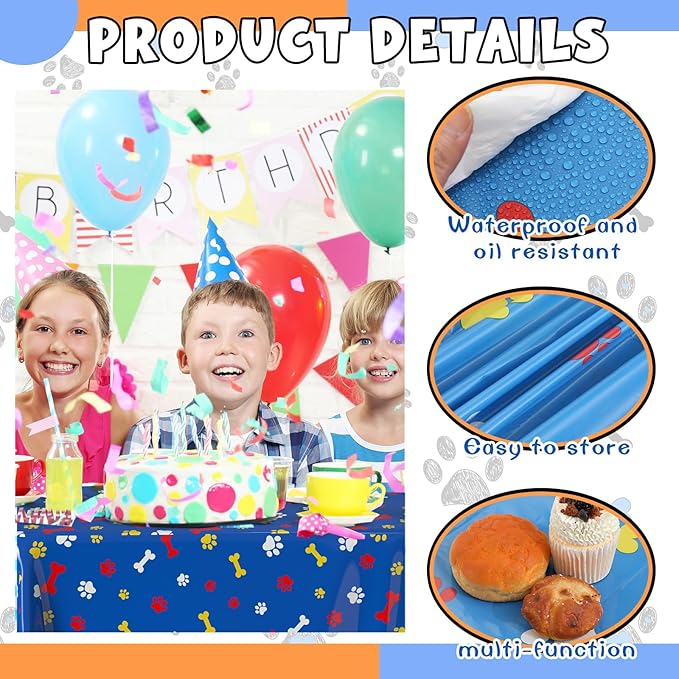 4 Pack Puppy Dog Pet Paw Print Plastic Tablecloth 54 x 108 Inches Dark Blue Yellow Red Table Cover Paw Print Disposable Rectangle Table Cover for Pet Blue Dog Birthday Party Supplies