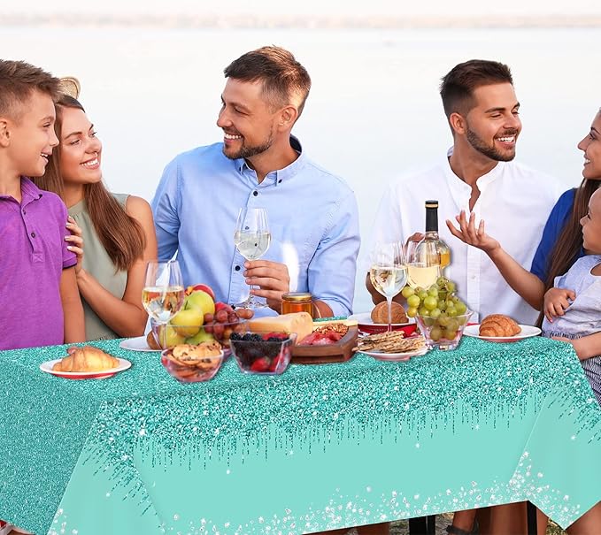 3 Pieces Teal and Silver Tablecloths for Happy Birthday Party Decoration Plastic Disposable Breakfast Blue Birthday Theme Table Covers for Girl Women Silver Glitter Birthday Party Supply, 54x108 Inch