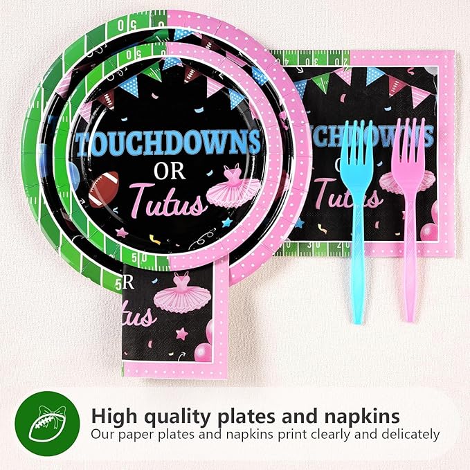96 Pcs Football Gender Reveal Party Supplies Touchdown or Tutus Gender Reveal Plates and Napkins Tableware Set Ballet or Football Gender Reveal Party Decorations for Boy or Girl Baby Shower Serves 24