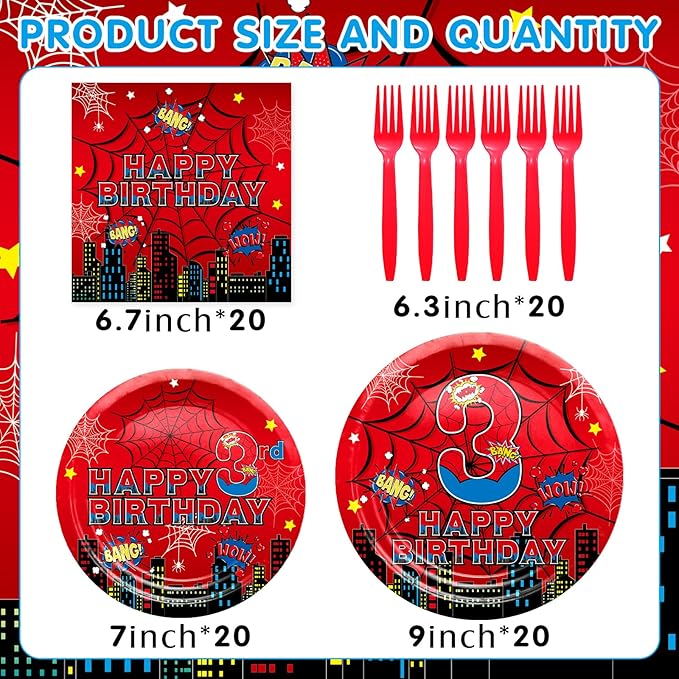 Red Spider 3rd Birthday Party Supplies, Spider Web Birthday Plates Set Include Paper Plates, Napkins, Forks for Spider Themed Party Favors