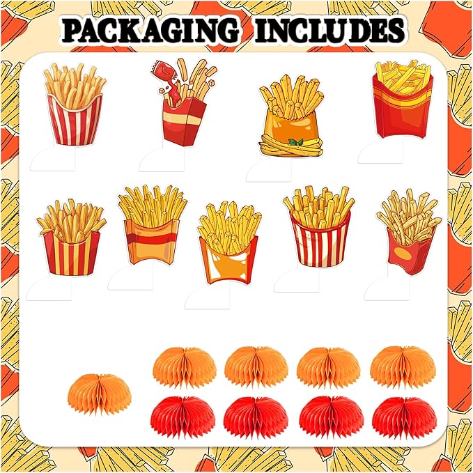 9 PCS French Fries Table Decorations Honeycomb Centerpiece, French Fries Centerpieces Table Topper for Fast Food French Fries Party Decorations Birthday Party Supplies