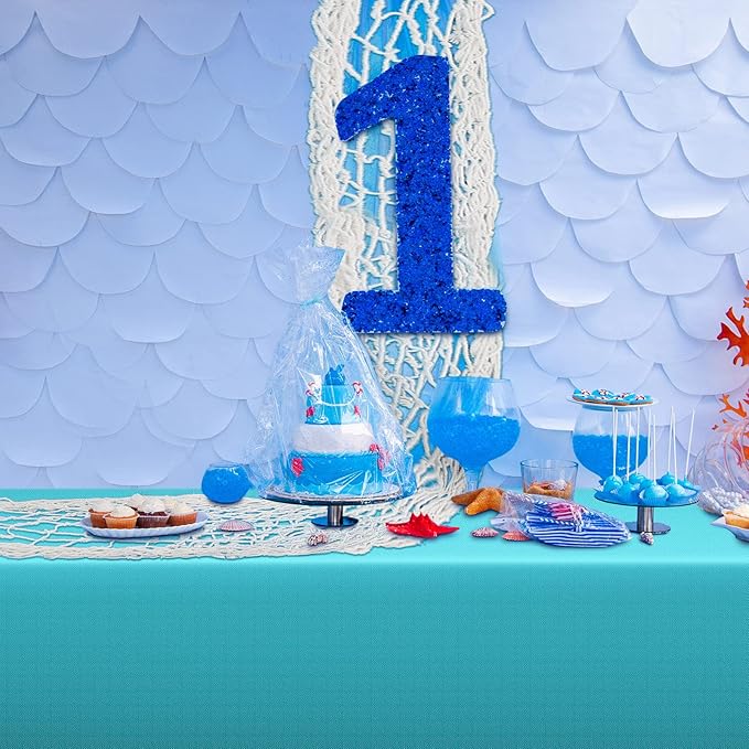 Unittype 6 Pcs Fish Net Decorative and Tablecloth Set, Cotton Fishnet and Plastic Table Cover Decorations Set for Nautical Themed Party Baby Shower Pirate Decorations Mermaid Party(Turquoise)