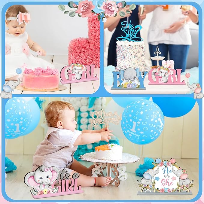 6 Pcs Elephant Gender Reveal Table Decorations He or She Baby Shower Party Centerpieces Elephant Theme Gender Reveal Blue and Pink Wooden Signs for Baby Shower Newborn Decor Party Supplies