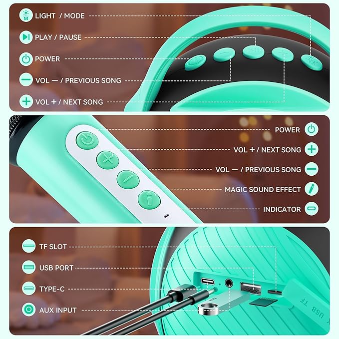 All Rounder Karaoke Machine for Kids Teens, Portable Bluetooth Karaoke Speaker with Two Mics, Voice Changer, Light Effect, Bass Tremolo, Gifts Toys for Girl, Supports USB/TF/AUX for Home Party (Green)