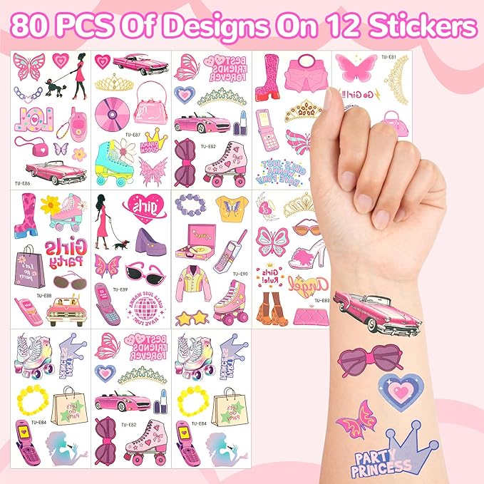 128 PCS Hot Pink Party Favors Decorations ,Princess Birthday Supplies Bracelet Stickers Pin Stamp Bubble Wand Gifts Stuffers for Girls Kids