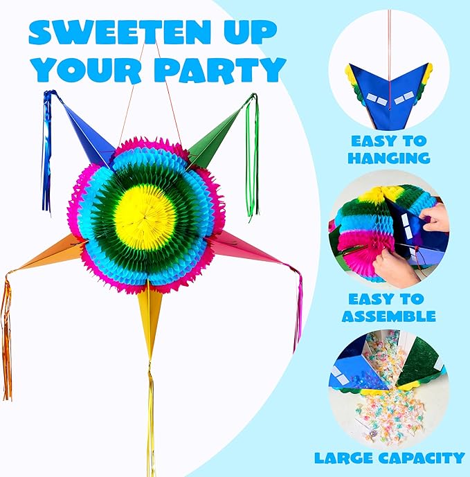 JOYIN 33 Inch Large Star Pinata, Foldable Mexican Fiesta Pinata with Vibrant Honeycomb Center, Traditional Colorful Party Decorations for Cinco De Mayo, Kids Birthday Supplies & Taco Tuesday