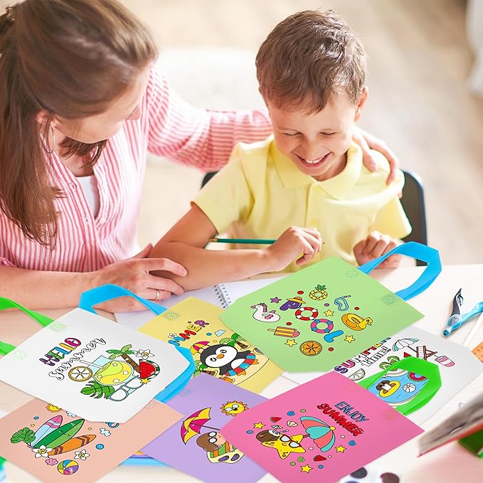 Summer Coloring Goodie Bags for Kids - 24Pcs Hello Summer Beach Bulk Color Your Own Gift Bags with Handle Pool Theme Reusable Coloring Bag Non Woven Tote Bag for DIY Crafts Painting Party Favors
