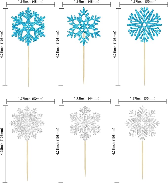 36Pcs Snowflake Cupcake Toppers Glitter Winter Frozen Theme Snowflake Cupcake Pick Decorations for Baby Shower Kids Birthday Christmas Party Decorations Supplies Blue Silver