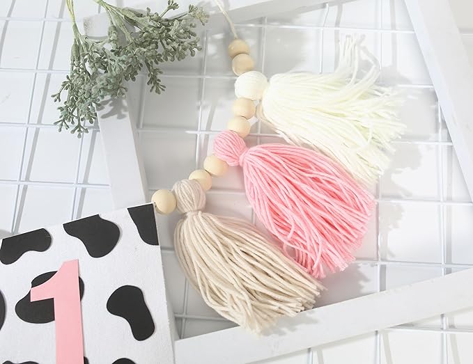 Holy Cow 1st Tassels Banner Birthday Decorations Girl - First Highchair Tassels Banner, High Chair Wood Beads Garland Party Supplies, Pink Black White, Photo Props, Handmade