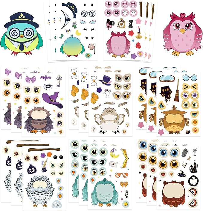 24 Sheet Owl Stickers Make Your Own Owl Stickers, Cute Cartoon Make-a-face Sticker Girls Boys Owls Mix and Match Sticker Sheets