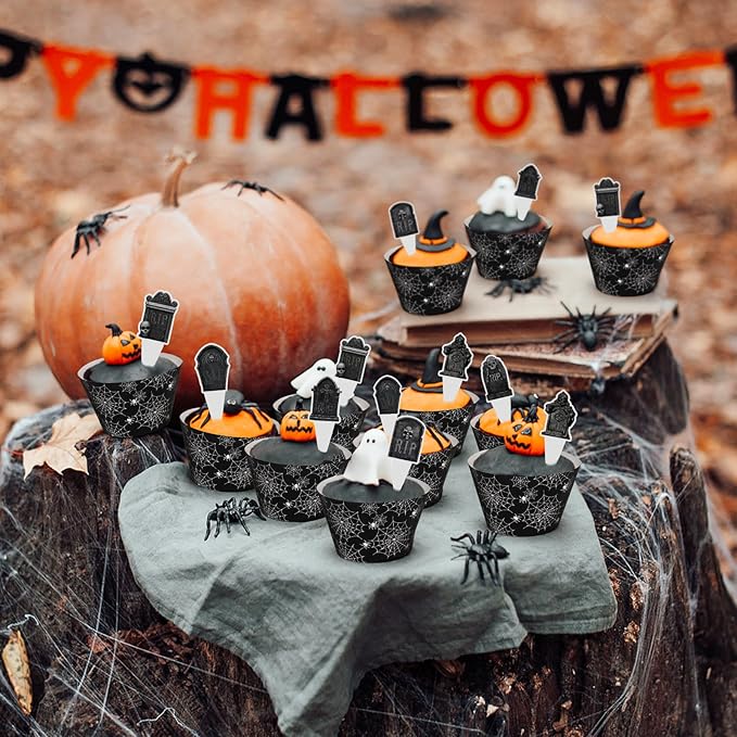 48 Pack Halloween Cupcake Toppers and Black Spider Web Wrappers, Tombstones Skeleton Cupcake Picks Decoration for Halloween Party Birthday Party Supplies