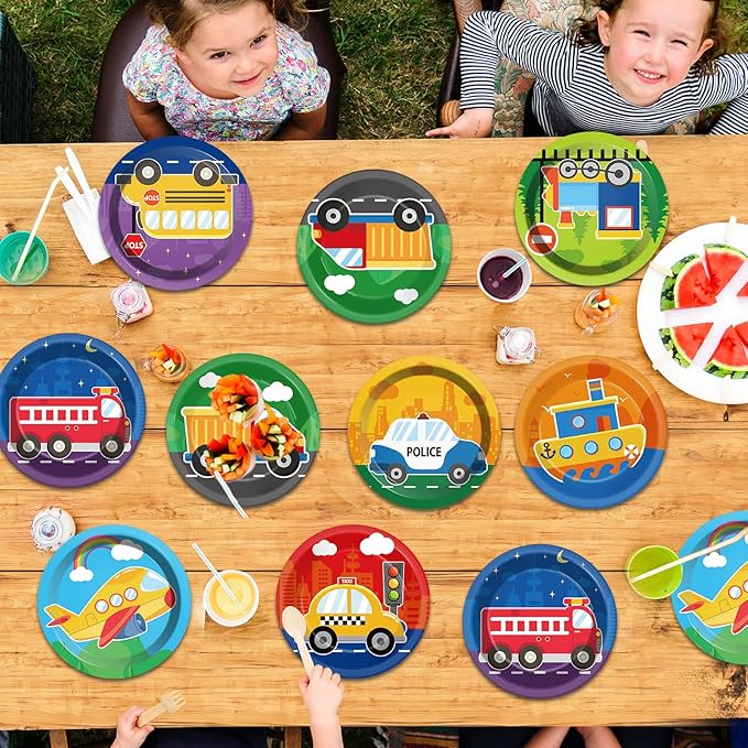 48PCS Transportation Paper Plates Car Birthday Decorations Construction Tableware 7 Inch Train Vehicle Fire Truck Airplane Traffic Dessert Dinnerware for Kids Baby Shower Party Supplies Favors