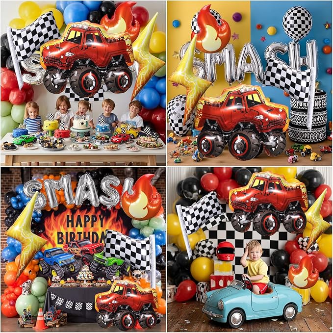 4 Pcs Truck Balloons, Huge Truck Flags Lightning Flame Aluminum Foil Balloons for Birthday, Baby Shower, Race Car Theme Party Decorations Supplies